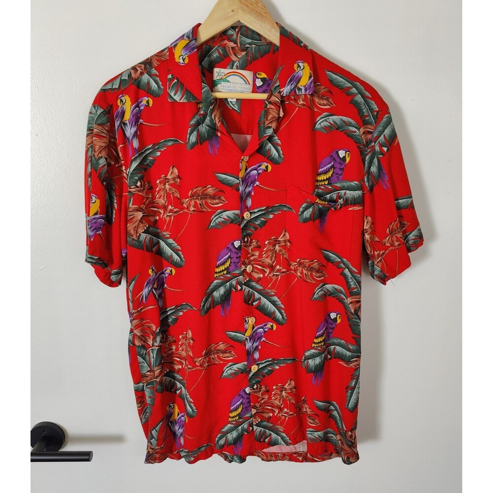 Vintage Paradise Found Hawaiian Shirt Mens Small Red Tropical Parrot Rayon